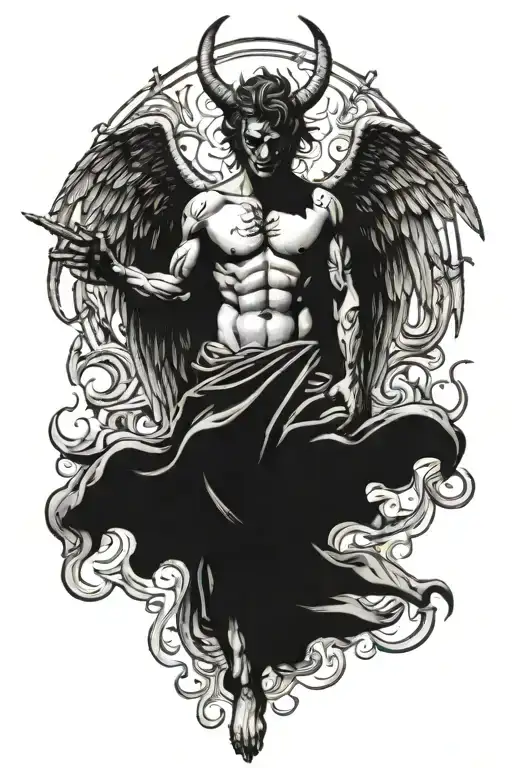 Falling Angel With Devil Wings From Behind With Horns On His Head With Anger And Sadness