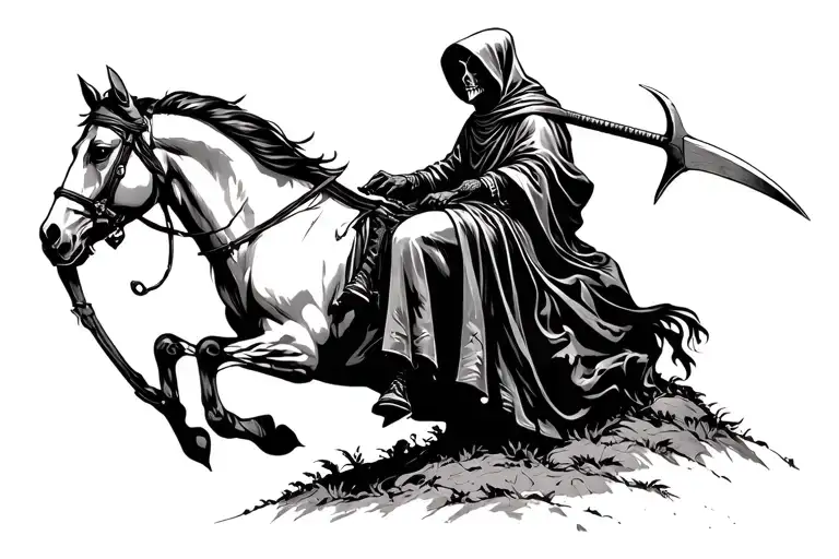 Grim Reaper Sitting On A Horse With Scythe On A Hill