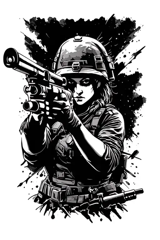 Female Soldier Shooting In Battle Scene