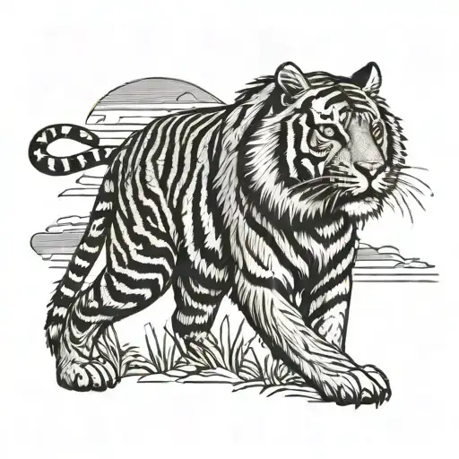 Walking Tiger With Sun Rising Behind