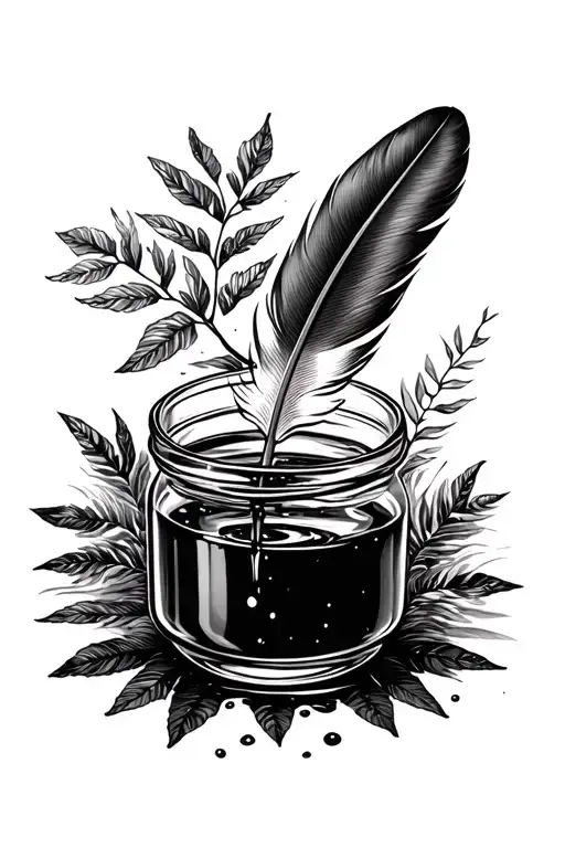 A Feather In A Small Glass Jar Of Ink With Some Water Around And Some Jungle Leaf And Tree