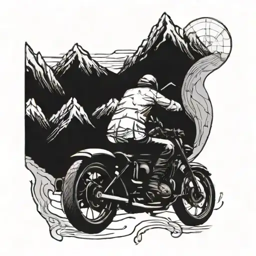 A Motorcycle Riding Through A Mountain Pass With A Map In The Background