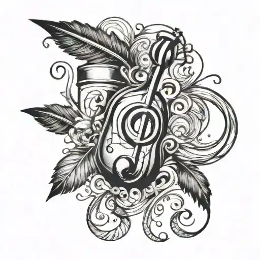 A Stylized Music Note Intertwined With A Quill Pen And Ink Bottle