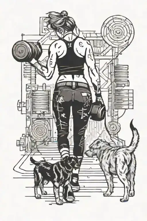 A Fit Woman In Tights Carrying Dumbells Walking Away And A Small And Big Dog Following Her