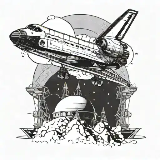 A Dotwork Tattoo Of A Space Shuttle Flying Over A Construction Site On A Distant Planet