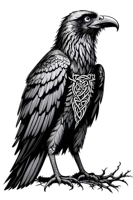 Celtic Raven Standing Wings Spread Looking Up
