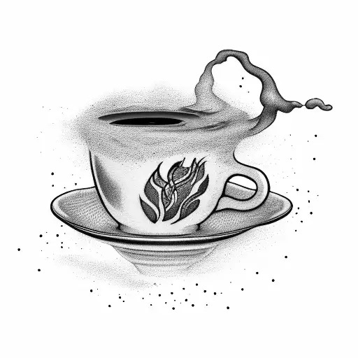 A Steaming Cup Of Coffee Surrounded By Swirling Steam And Coffee Beans