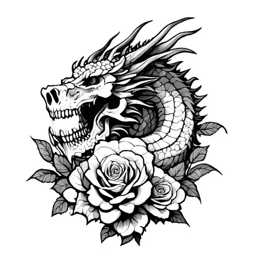 Dragon With Skull With Roses Surrounding It