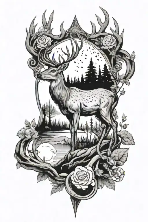 Deer With Moonlight And Nature