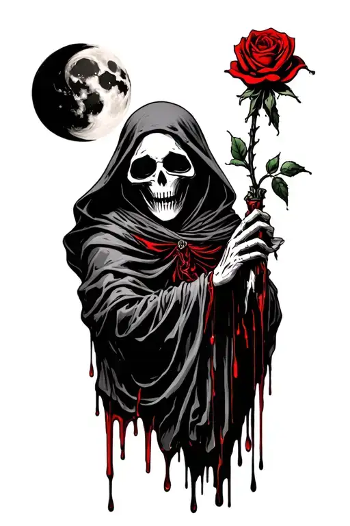 Grim Reaper Holding A Rose Dripping Blood With A Moon Over It
