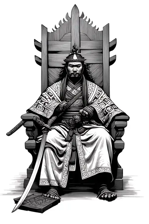 Samurai Wielding A Sheathed Sword Sitting On A Throne Covered In Lesotho Blanket