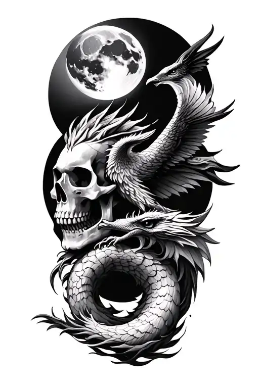 Dragon And Phoenix And Skull And Moon And Raven