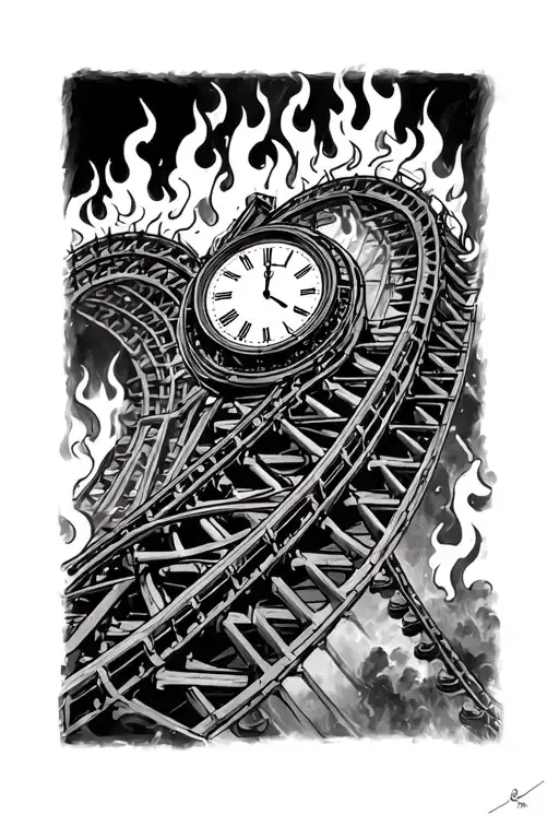 Roller Coaster On Fire With A Clock Surrounded