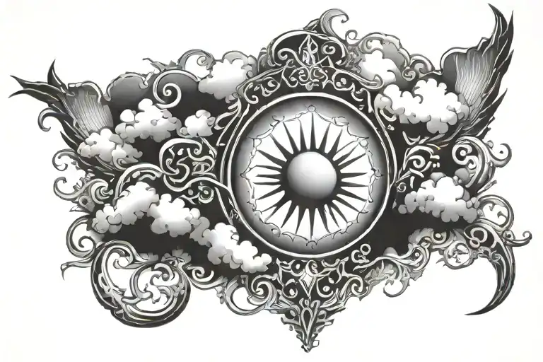 Bright Sun And Clouds And Heaven Gates Across Chest