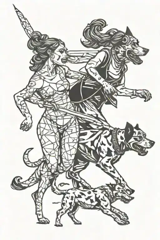 2 Dogs Following A Woman In Tights