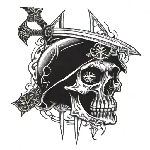 Crossed Swords Behind Skull With Fire In Background