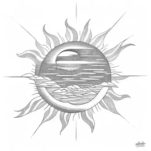 Sun With A Cresent Moon Cradling The Sun And The North Star Just Above The Sun