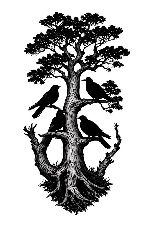 Oak Tree With 3 Crows Sitting