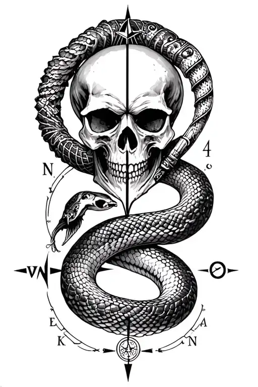 Scull And Viking Compass With Snake Surrounded By Various