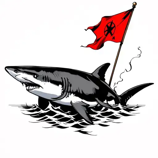 Bull Shark Tattoo Holding Small Red Flag Wrapped
