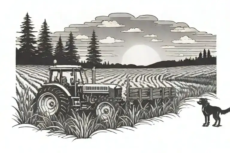Back And White Sunset With Tractor And Dog Sitting Infront