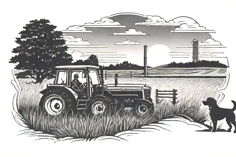 Back And White Sunset With Tractor And Dog Sitting Infront