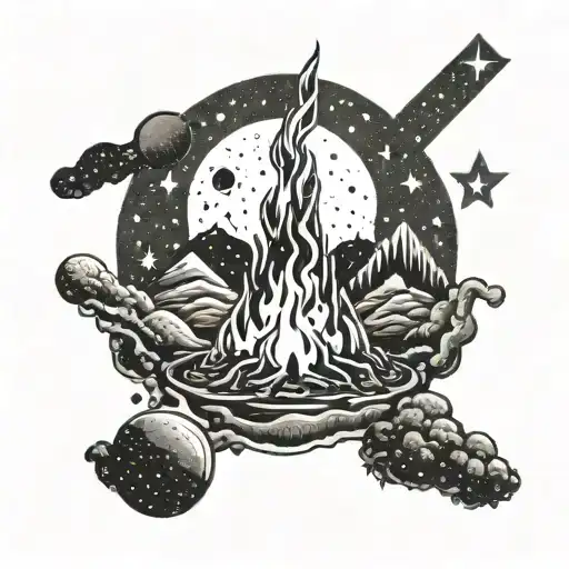 A Dotwork Tattoo Of A Bonfire On A Distant Planet Surrounded By Stars