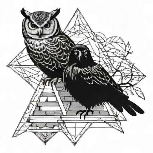Owl And Crow Sitting On Pyramid