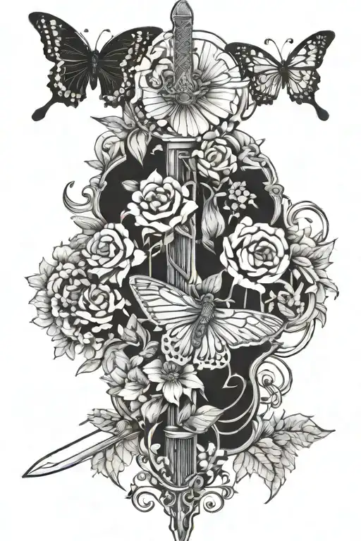 Floral And And A Butterfly With A Sword Intertwined Centered Between Flowers