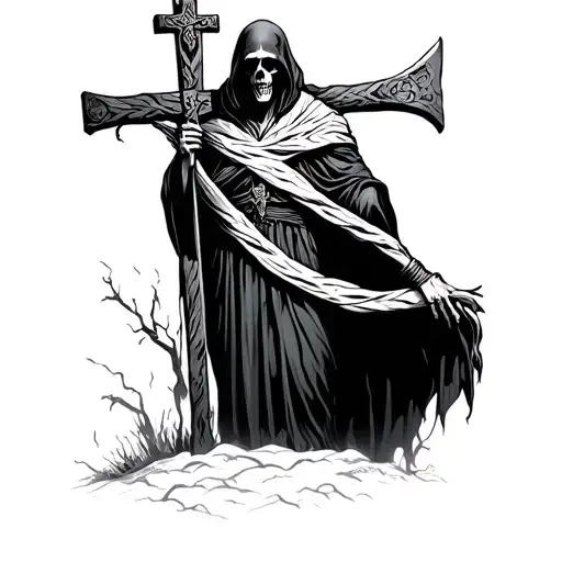 Grim Reaper Standing Over Scyth With Crucifix Wrapped Around Scyth