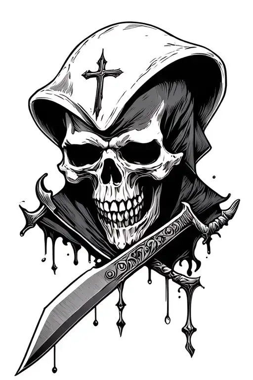 Grim Reaper Head With Cross Knife Stabbed Through The Top Of His Skull