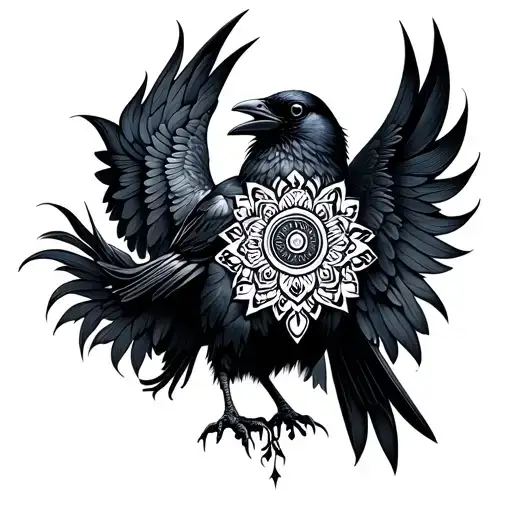 Crow From Above With A Mandala Pattern On Its Back And Wings