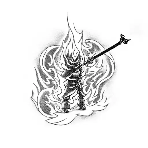A Dark-themed Tattoo Featuring A Mini Sword Engulfed In Flames