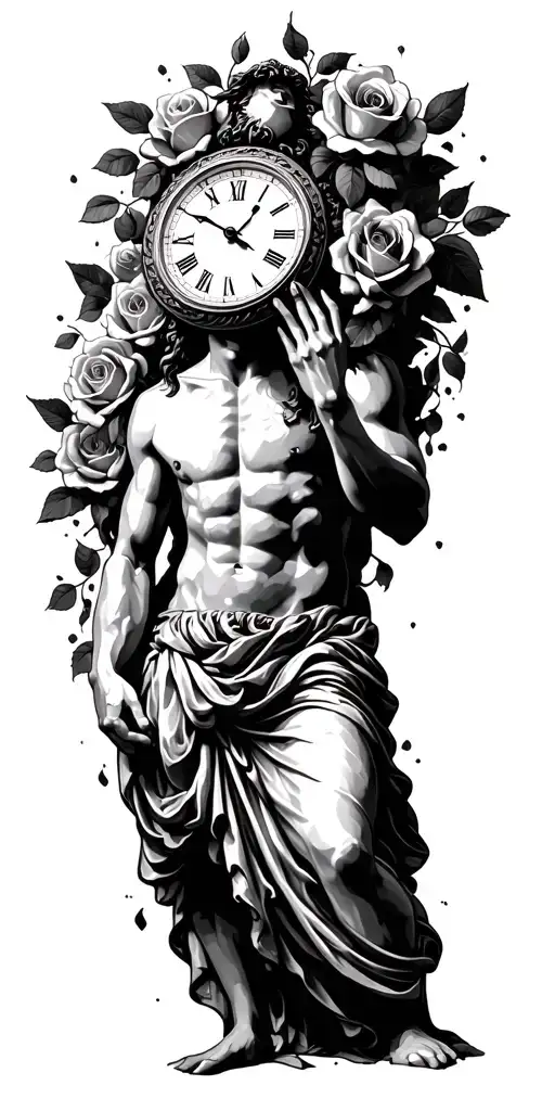 Greek God Holding Clock Melting Surrounded By Roses