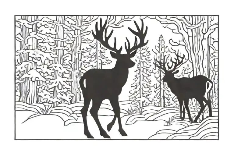 Deer In Wood Simple Line Drawing
