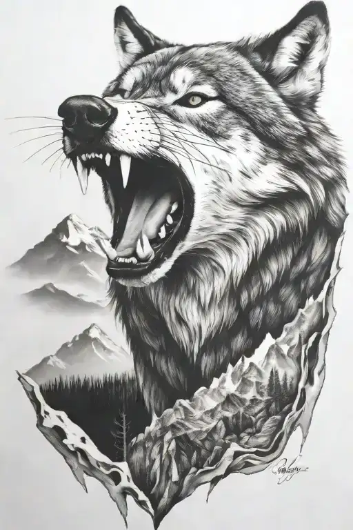 Growling Wolf Face And Realistic Rocky Mountains Inside