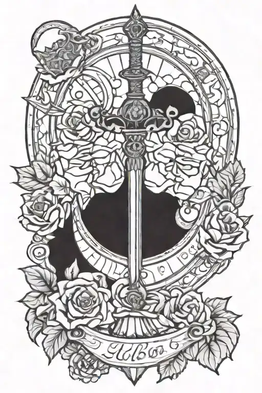 Libra Tarot Sword Through A Rose And Scales Containing A Sun And Moon