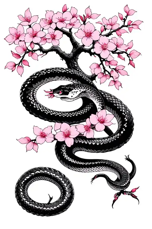 Japanese Cherry Blossom Tree With Viper Coiled Around It