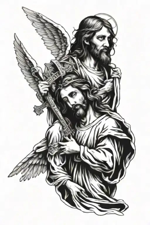2 Angels With Cross On Shoulder Then Jesus Under
