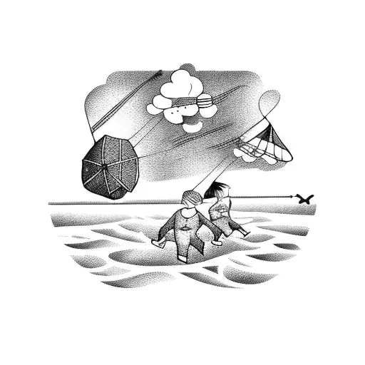 A Blackwork Tattoo Of Children Flying Kites On The Beach