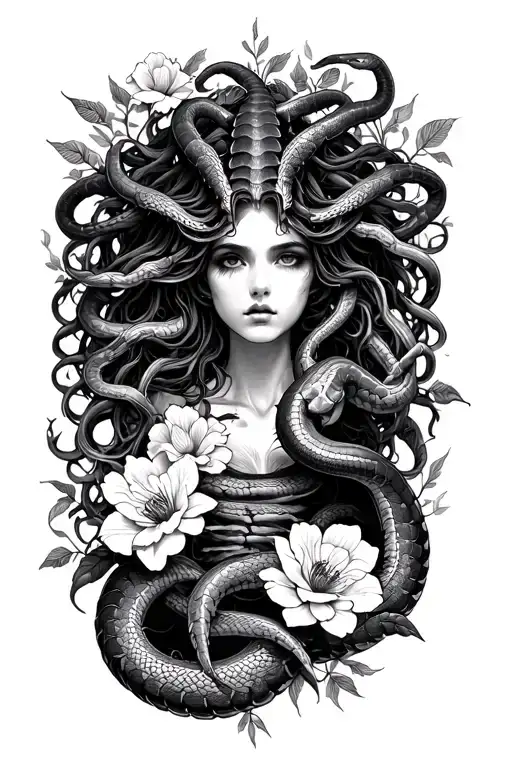 Medusa With Snakes Wrapping Around A Scorpio With Flowers