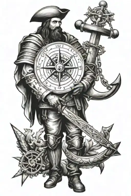 A Conquistador Espanol With A Compass Rose And Anchor Around Him
