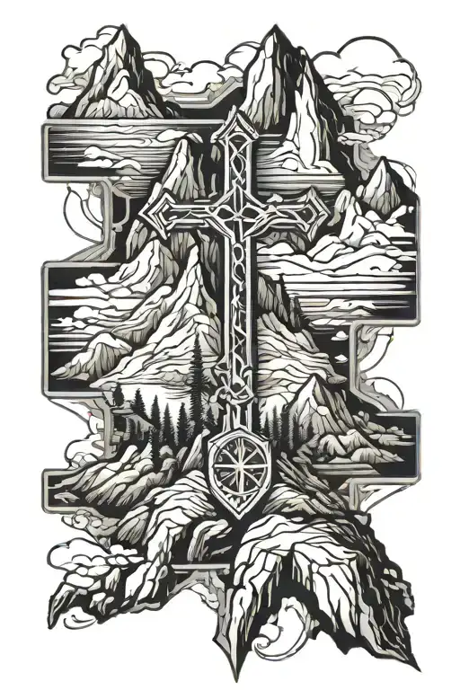 Montain And Christian Cross At Top View