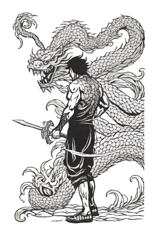 Man With Sword Back Turned Standing In Front Of Chinese Dragon In A Cave