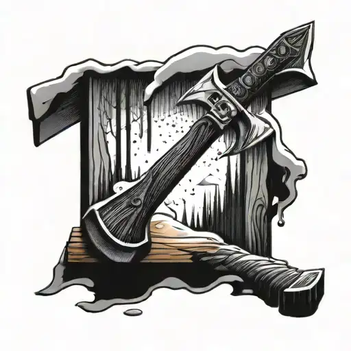 Axe Stuck In Wood Block And Snowing In The Background