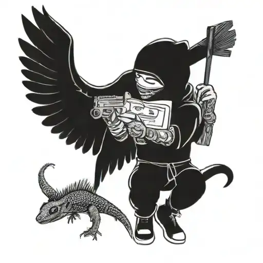 Cupid With Ski Mask Holding A Gun And Money Bag With Pet Lizard