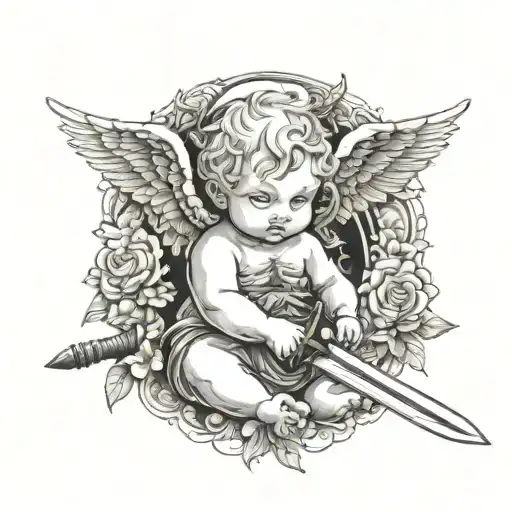 A Baby Angel Holding A Sword Surrounded
