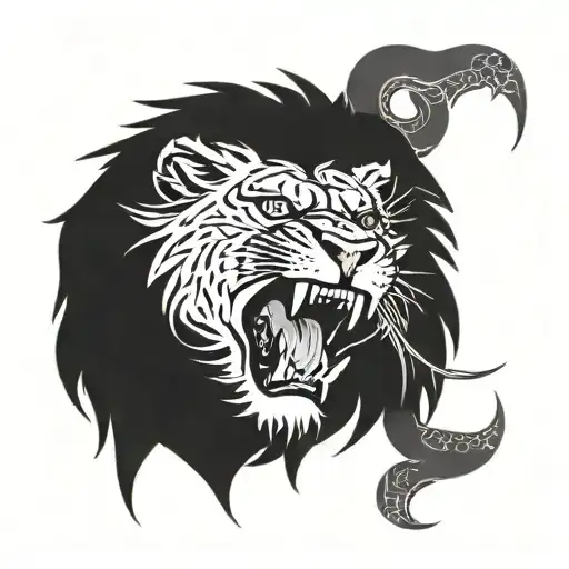 Lions Mouth Wide Open Roar Connected To Snake Looking Straight On Front