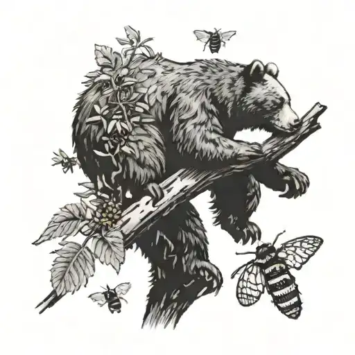 Bear Reaching For Honey On A Tree Trunk With Bees Flying