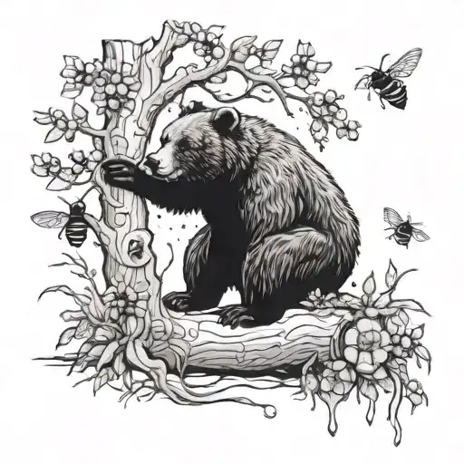 Bear On The Ground Reaching For Honey On A Tree Trunk With Bees Flying